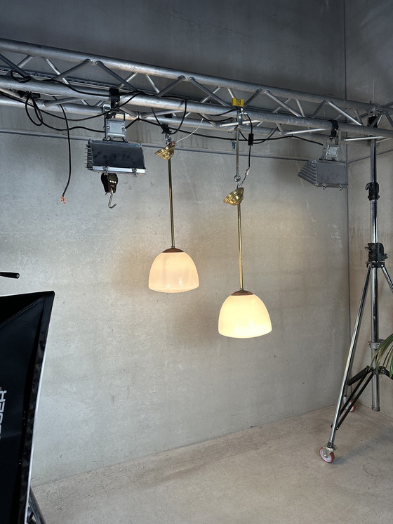 Image 1 of 3x Art Deco School Lampen - Opalin und Messing