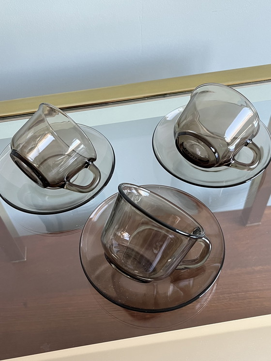 Image 1 of 3x Tasse und Untertasse arcoroc Rauchglas