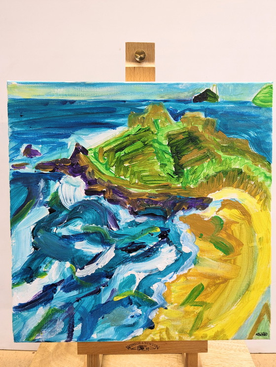 Image 1 of St Ives Porthmeor Strand & Insel von Ayr Leinwand Nigel Waters Original signiert