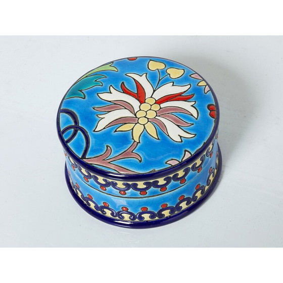 Image 1 of Runde, türkisblaue, glasierte Art Deco Keramikdose, 1940