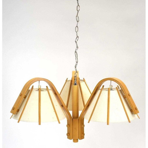 Vintage Pendelleuchte aus Bugholz und Stoff von J. Wickelgren und M Strandang für Aneta, Schweden 1970