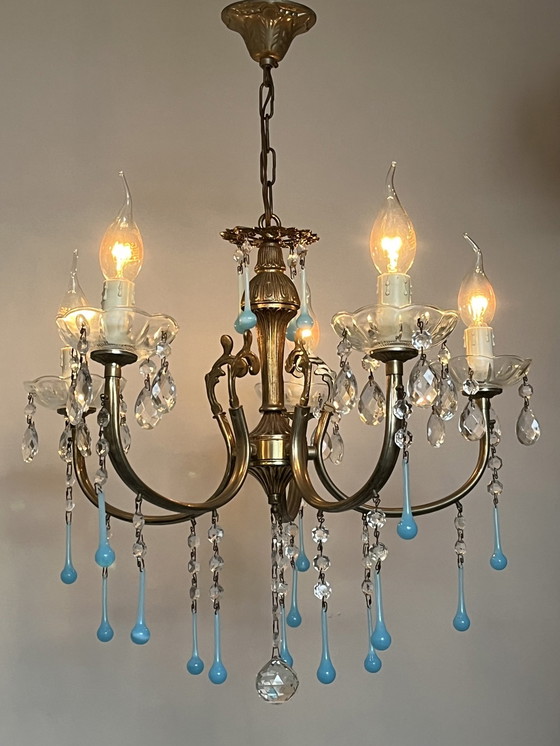 Image 1 of Vintage 5 Arms Kronleuchter Opaline Eject Blau Teardrop Perlen