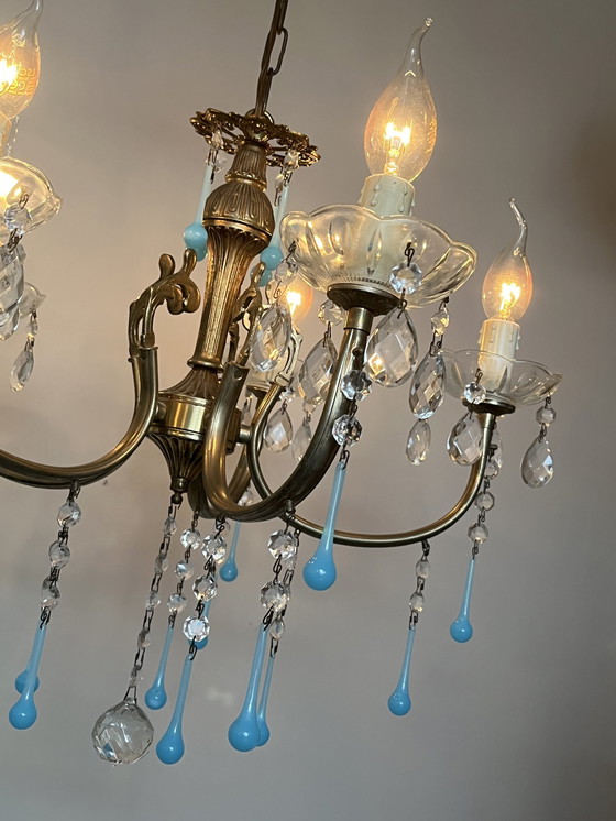 Image 1 of Vintage 5 Arms Kronleuchter Opaline Eject Blau Teardrop Perlen