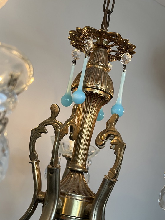 Image 1 of Vintage 5 Arms Kronleuchter Opaline Eject Blau Teardrop Perlen