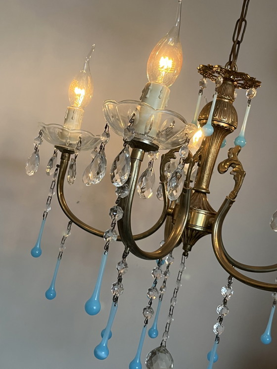 Image 1 of Vintage 5 Arms Kronleuchter Opaline Eject Blau Teardrop Perlen