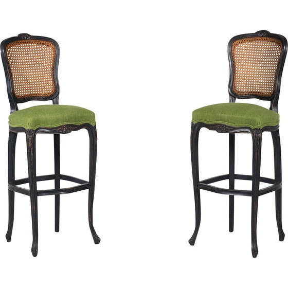 Image 1 of Paar Vintage-Barhocker mit grünem Stoff, Belgien