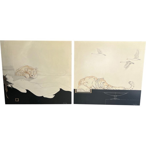 Paar alte Gouachen von Tony Warren, 1980