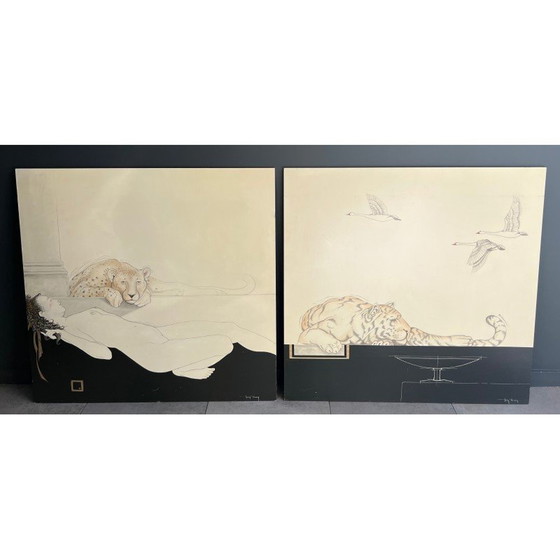 Image 1 of Paar alte Gouachen von Tony Warren, 1980