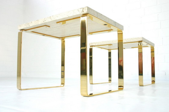 Image 1 of Draenert 1062 "Primus" Hollywood Regency Side Table / Beistelltisch, Gold Travertine, 1 of 2
