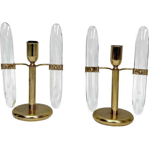 Paar Tischlampen aus vergoldetem Metall und Glas von Stilkronen, Italien 1970er Jahre