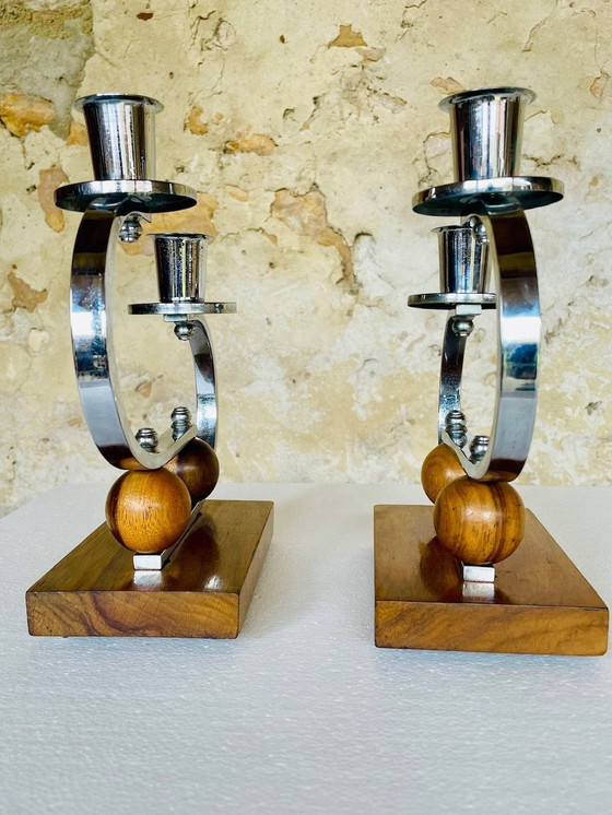 Image 1 of Art Deco, Chrom und Nussbaum-Kerzenhalter, 2er-Set, um 1930er Jahre