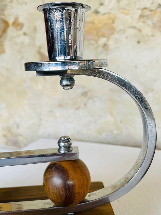 Image 1 of Art Deco, Chrom und Nussbaum-Kerzenhalter, 2er-Set, um 1930er Jahre
