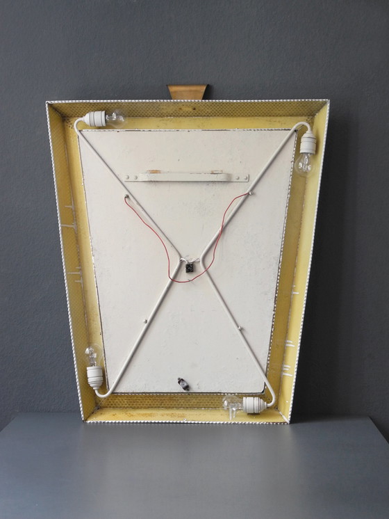 Image 1 of Original Mid Century Modern XXL Leuchtspiegel mit perforiertem Metallrahmen und Messingdetails | Made in France