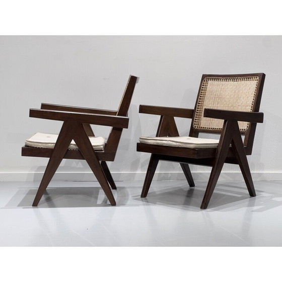 Image 1 of 2x Chandigarh Vintage Sessel aus Teakholz und Schilfrohr