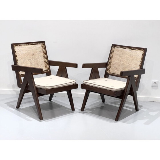 Image 1 of 2x Chandigarh Vintage Sessel aus Teakholz und Schilfrohr