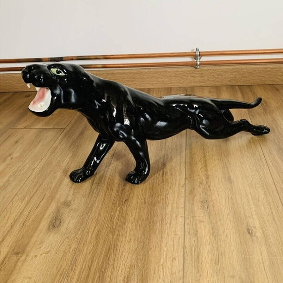 Image 1 of Vintage schwarzer Keramik Panther mit grünen Augen aus Monaco