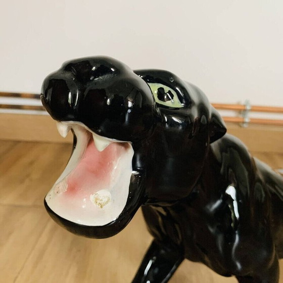 Image 1 of Vintage schwarzer Keramik Panther mit grünen Augen aus Monaco