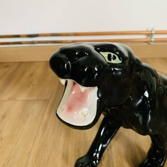 Image 1 of Vintage schwarzer Keramik Panther mit grünen Augen aus Monaco