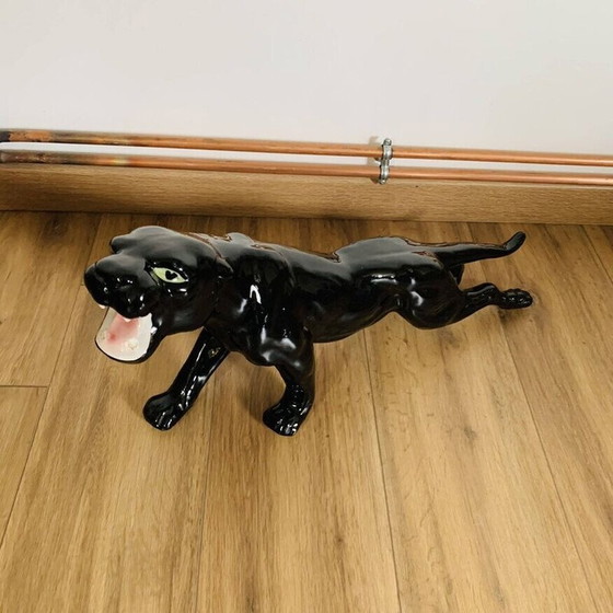 Image 1 of Vintage schwarzer Keramik Panther mit grünen Augen aus Monaco