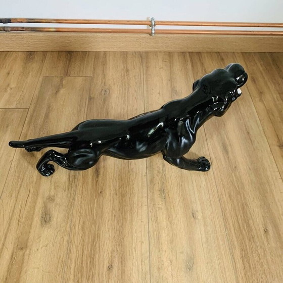 Image 1 of Vintage schwarzer Keramik Panther mit grünen Augen aus Monaco