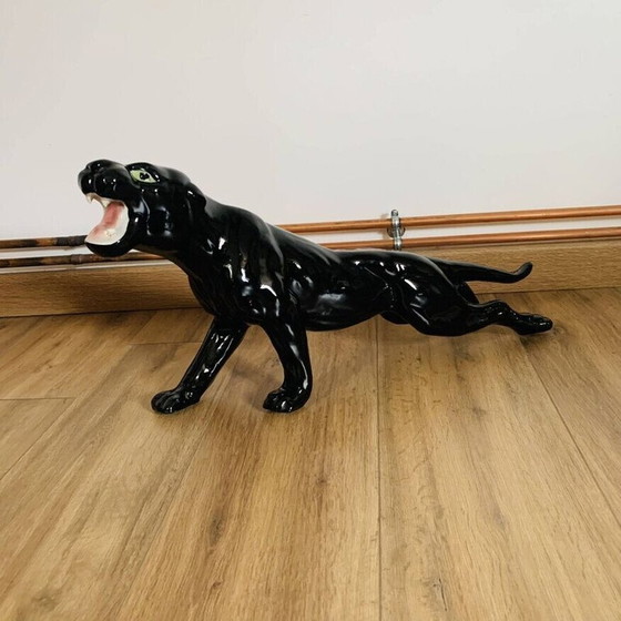 Image 1 of Vintage schwarzer Keramik Panther mit grünen Augen aus Monaco