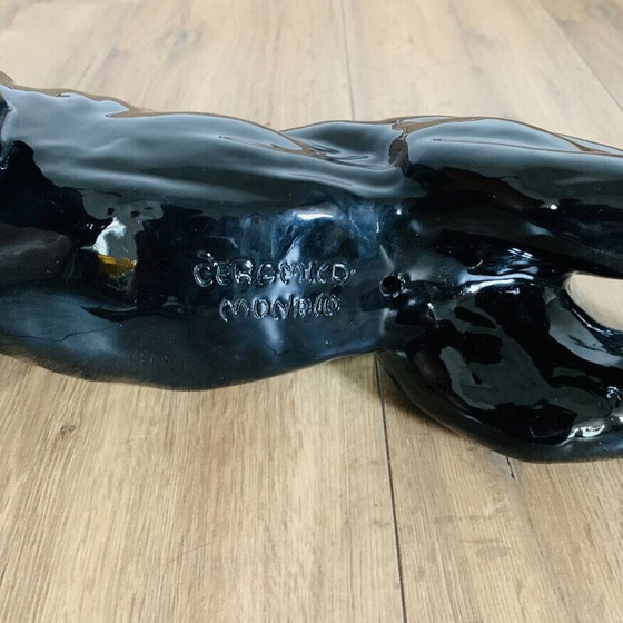 Image 1 of Vintage schwarzer Keramik Panther mit grünen Augen aus Monaco