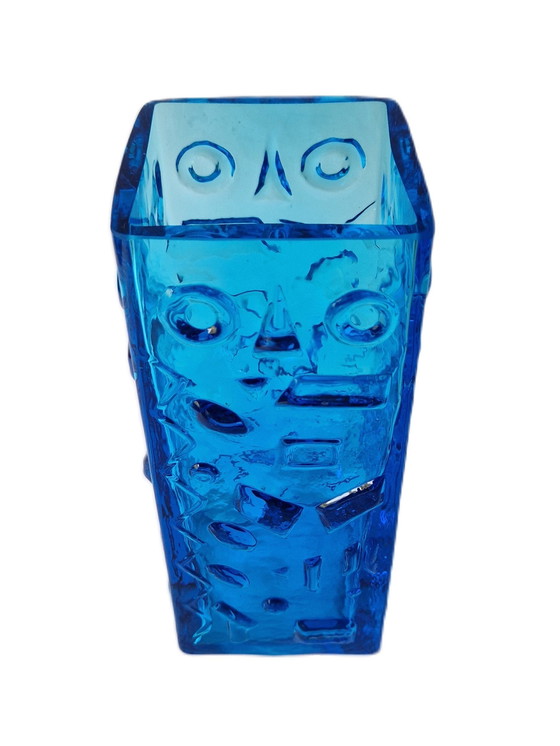 Image 1 of Eneryda Glasbruk - Quadratische blaue Vase mit geometrischem Dekor