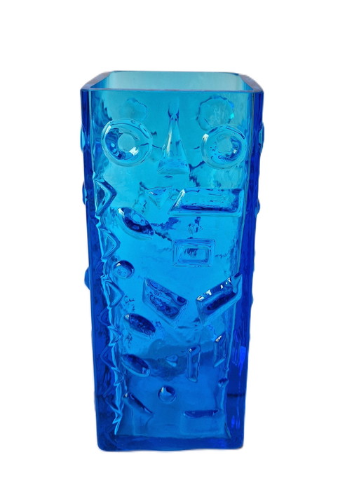 Eneryda Glasbruk - Quadratische blaue Vase mit geometrischem Dekor