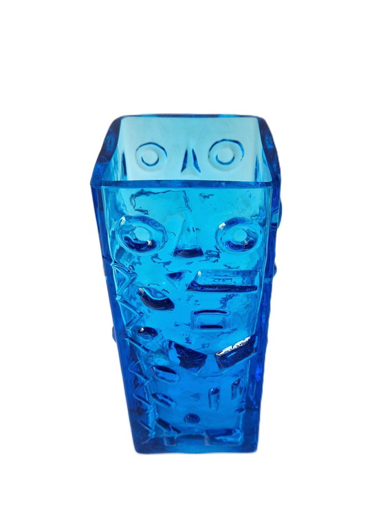 Image 1 of Eneryda Glasbruk - Quadratische blaue Vase mit geometrischem Dekor