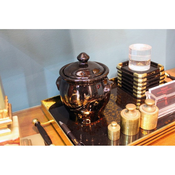 Image 1 of Vintage schwarz lackierte Behältervase mit Golddekor, Frankreich 1970