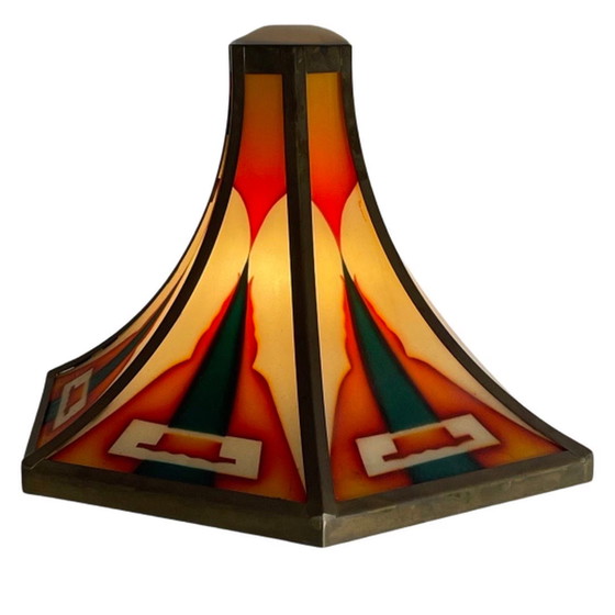 Image 1 of Art Deco / Amsterdamer Schule – Buntglas-Wandleuchte – Bronze – Mehrere auf Lager