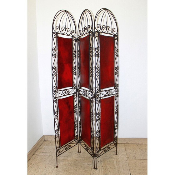 Image 1 of Orientalischer Paravent aus Schmiedeeisen und lackiertem Leder im Vintage-Stil