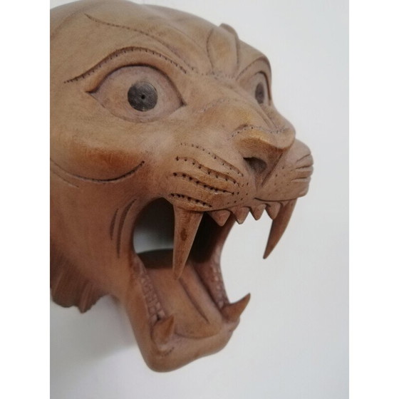 Image 1 of Vintage geschnitzte Holzmaske, die einen brüllenden Tiger darstellt