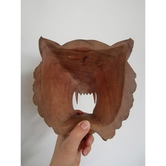Image 1 of Vintage geschnitzte Holzmaske, die einen brüllenden Tiger darstellt
