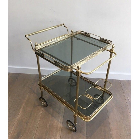 Image 1 of Vintage Rolltisch aus Messing und bläulichem Glas für La Maison Jansen, Frankreich 1940