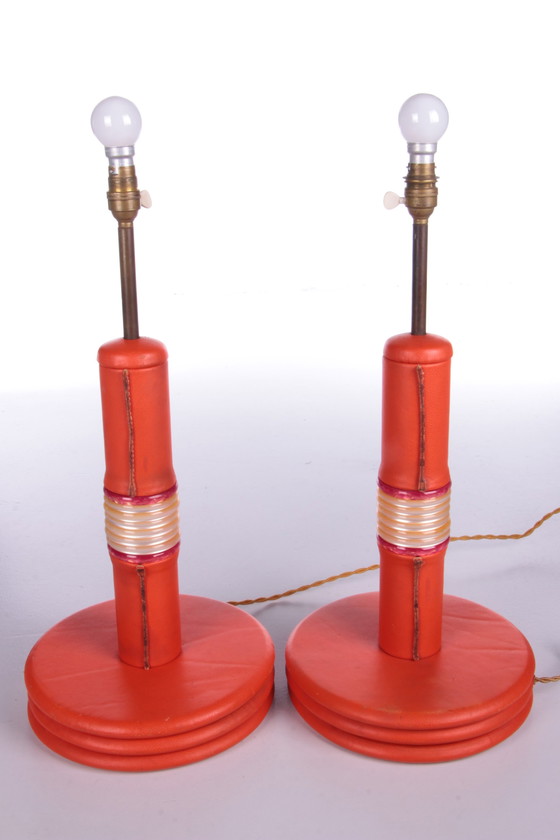Image 1 of Französischer Satz orangefarbener lederbezogener Tischlampen, 1960er Jahre