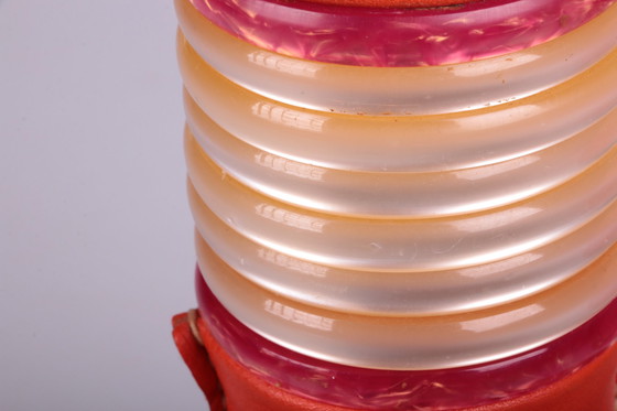 Image 1 of Französischer Satz orangefarbener lederbezogener Tischlampen, 1960er Jahre