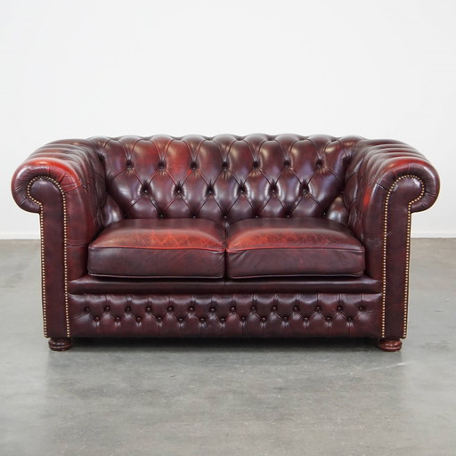 Rotes Rindsleder Chesterfield 2-Sitzer Sofa