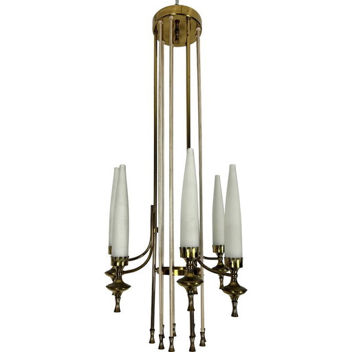Satz von 6 Vintage-Kronleuchtern aus Messing und Opalglas für Arredoluce Monza, Italien 1950