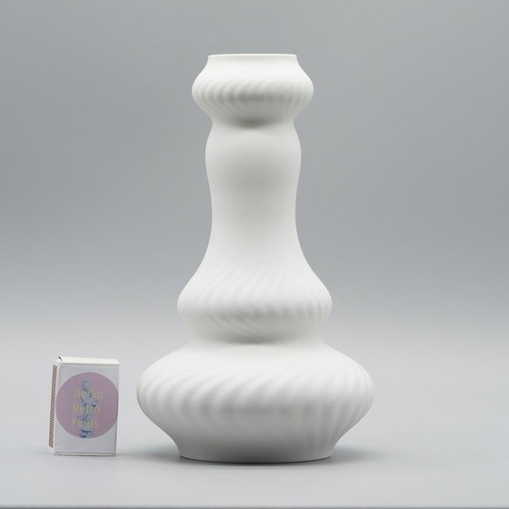 Image 1 of Hutschenreuther Biskuit Porzellan Vase Duo Fein Weiß Abstrakt Op-Art Relief Mcm