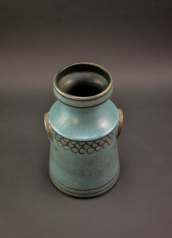 Image 1 of Mid Century Blaue goldfarbene Keramikvase von Jasba, Deutschland 1950er Jahre