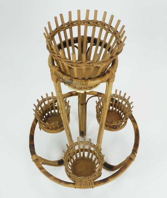 Image 1 of Mid Century Pflanzenständer Rack 1950S 60S Bambus Rattan Hawaii Tiki Ära