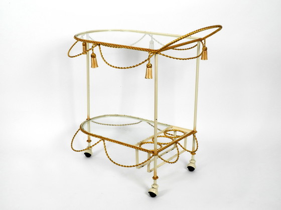 Image 1 of Sehr seltener italienischer Mid Century Modern Barwagen aus Metall in Beige und Gold mit Glaselementen