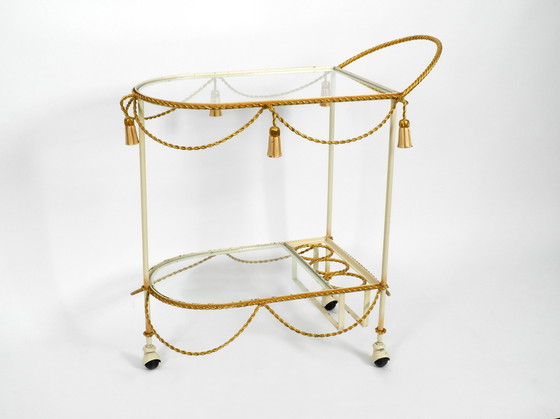 Image 1 of Sehr seltener italienischer Mid Century Modern Barwagen aus Metall in Beige und Gold mit Glaselementen