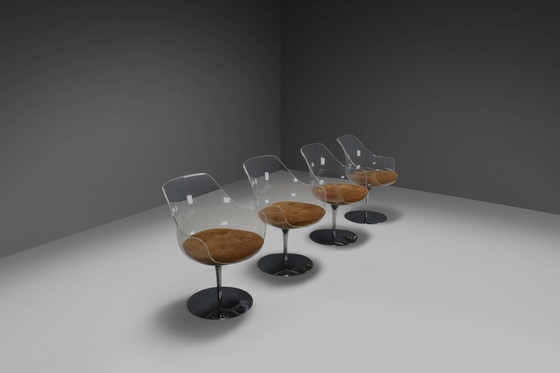 Image 1 of Set von vier Champagner Stuhl von Estelle & Erwine Laverne In Wildleder und Lucite