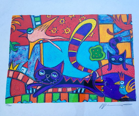 Image 1 of Lithographie Michiel Molenaars „Katzen und Vögel“