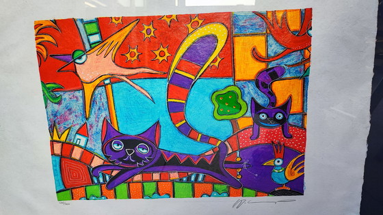 Image 1 of Lithographie Michiel Molenaars „Katzen und Vögel“