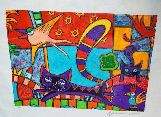 Image 1 of Lithographie Michiel Molenaars „Katzen und Vögel“