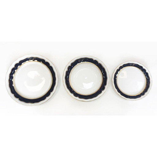 Vintage Tafelservice aus Porzellan, Gold und Kobalt 1980