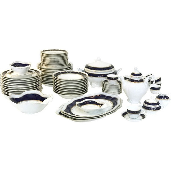 Image 1 of Vintage Tafelservice aus Porzellan, Gold und Kobalt 1980